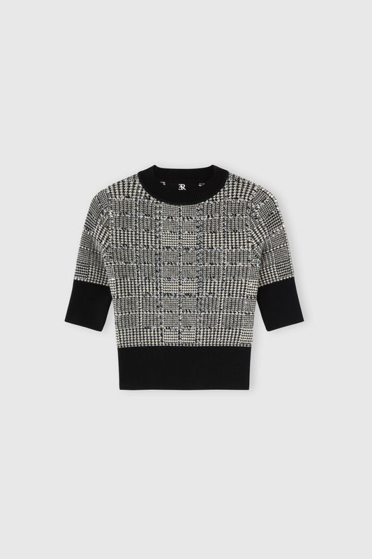 Pull à manches courtes en mélange de laine avec jacquard pied-de-poule et cristaux