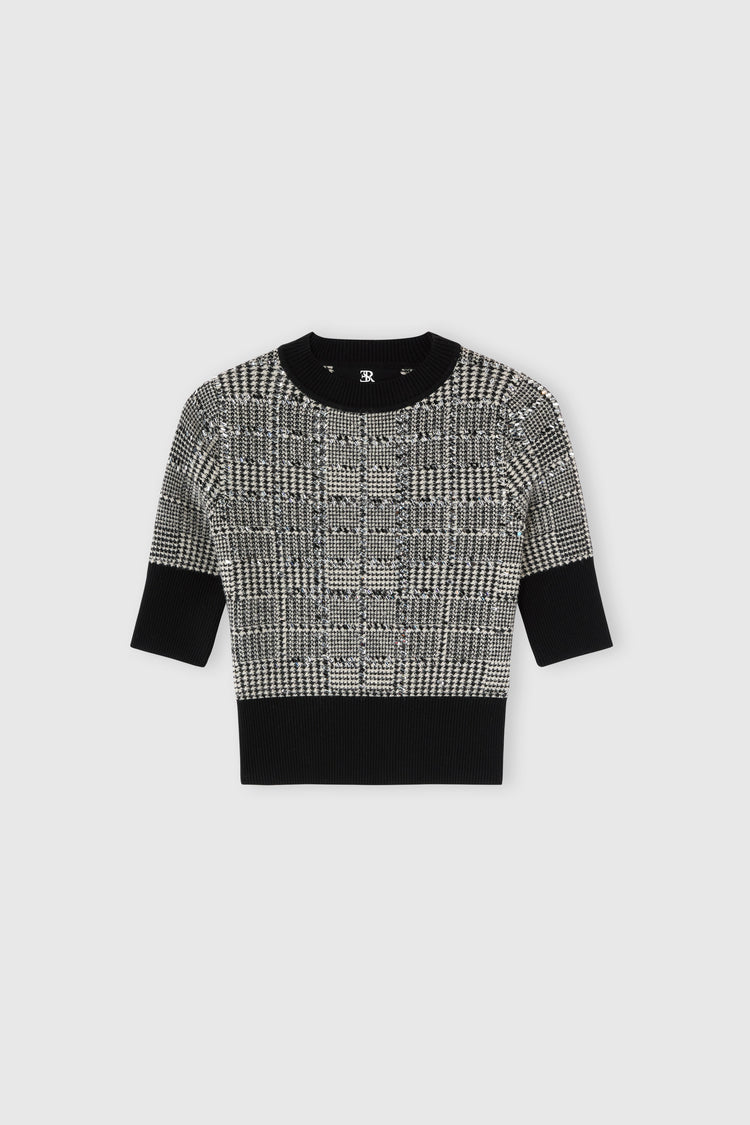 Pull à manches courtes en mélange de laine avec jacquard pied-de-poule et cristaux