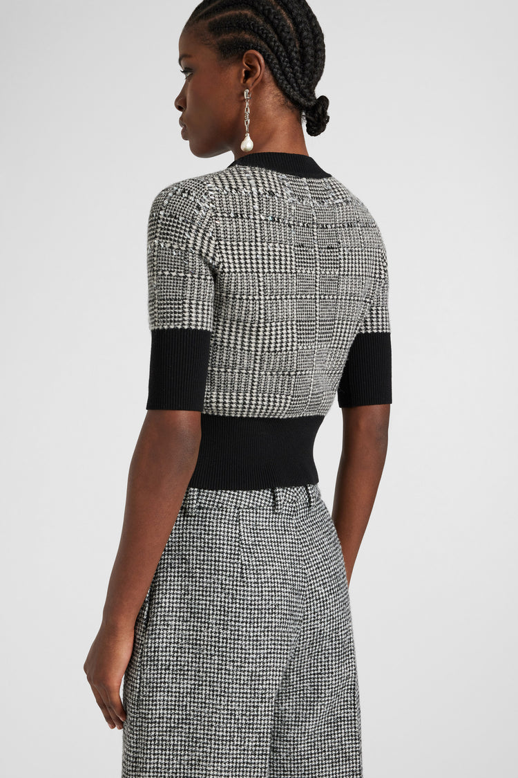 Pull à manches courtes en mélange de laine avec jacquard pied-de-poule et cristaux