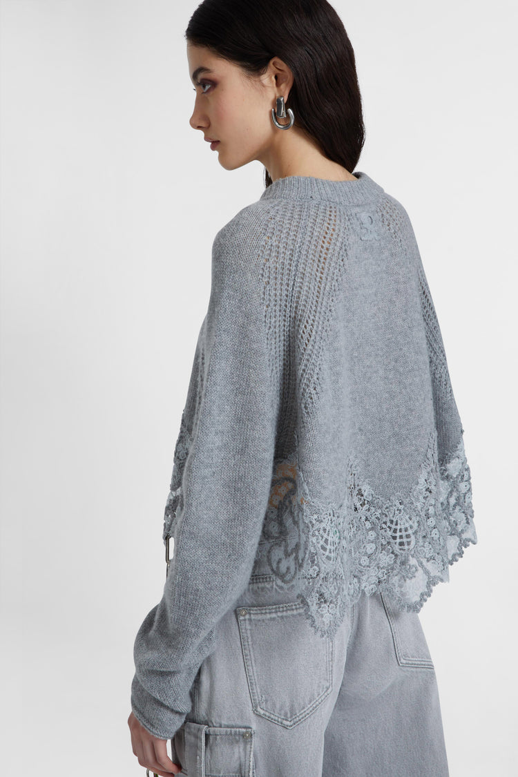 Cropped sweater in pure cashmere with rebrode lace inlay