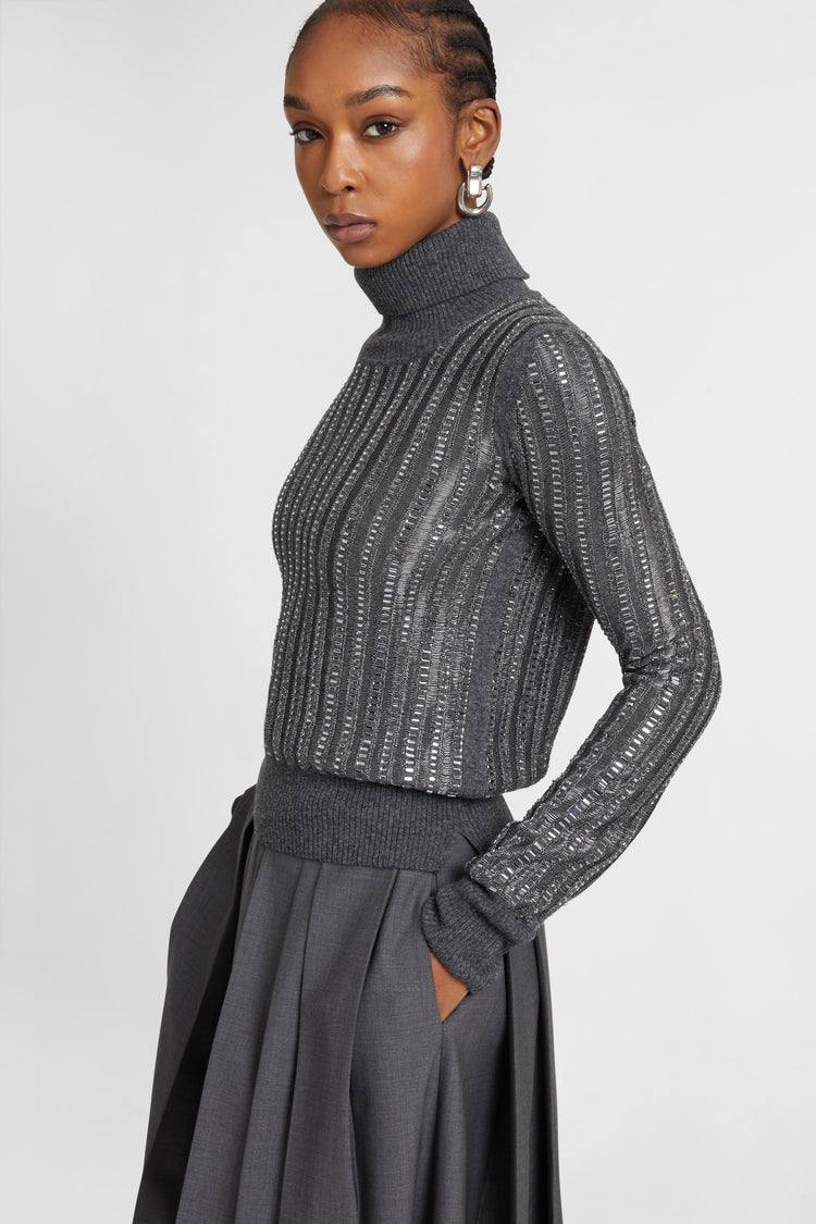 Wool and cashmere blend sweater with hand-applied baguette crystals
