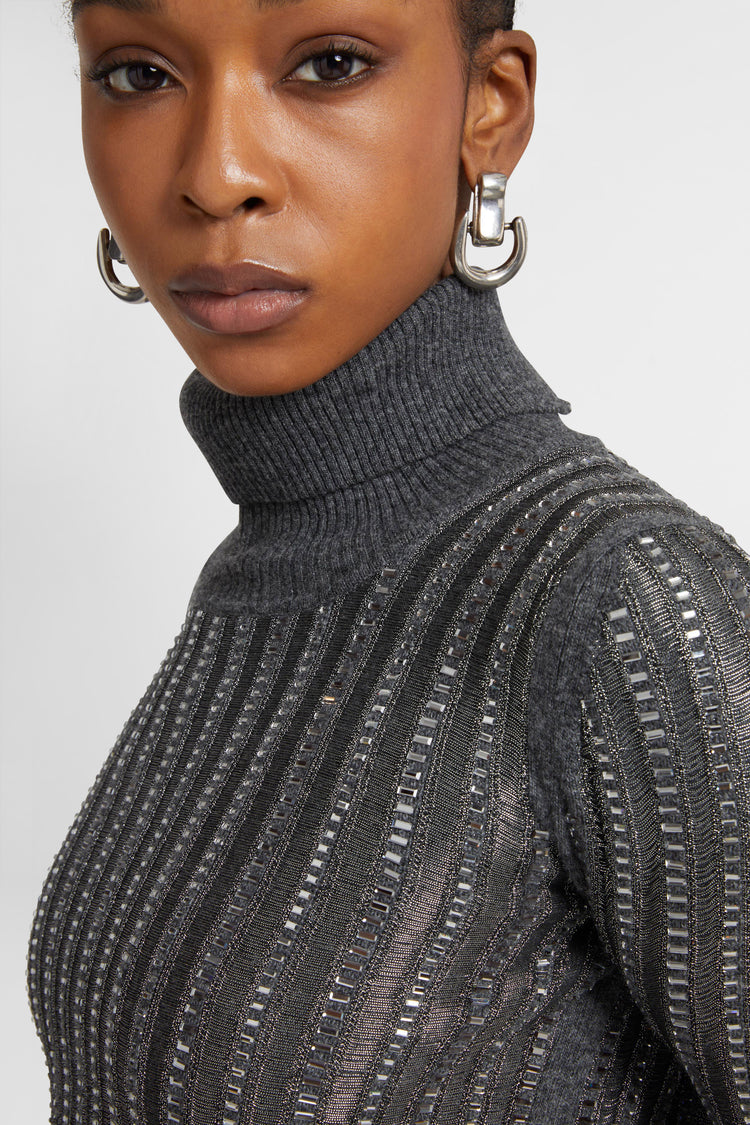 Wool and cashmere blend sweater with hand-applied baguette crystals