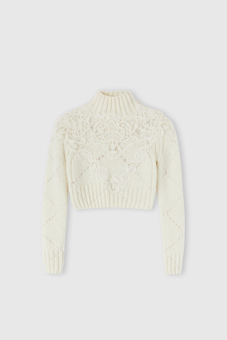 Cropped sweater in alpaca and merino wool blend with diamond pattern and rebrode lace application