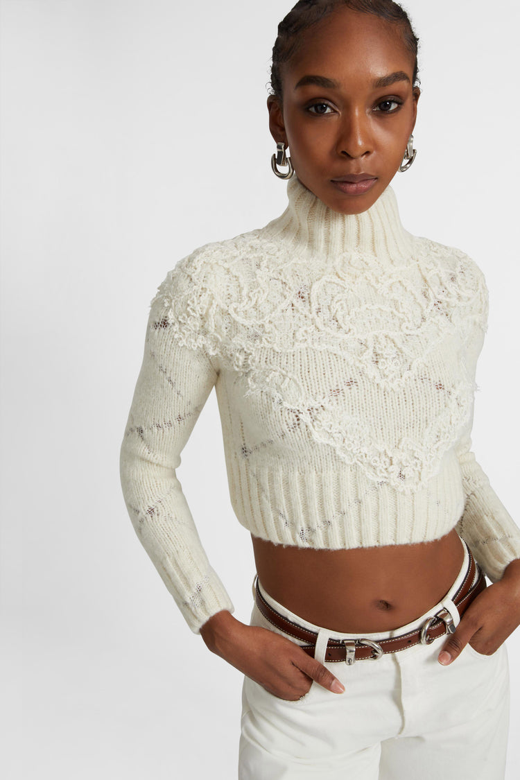 Cropped sweater in alpaca and merino wool blend with diamond pattern and rebrode lace application