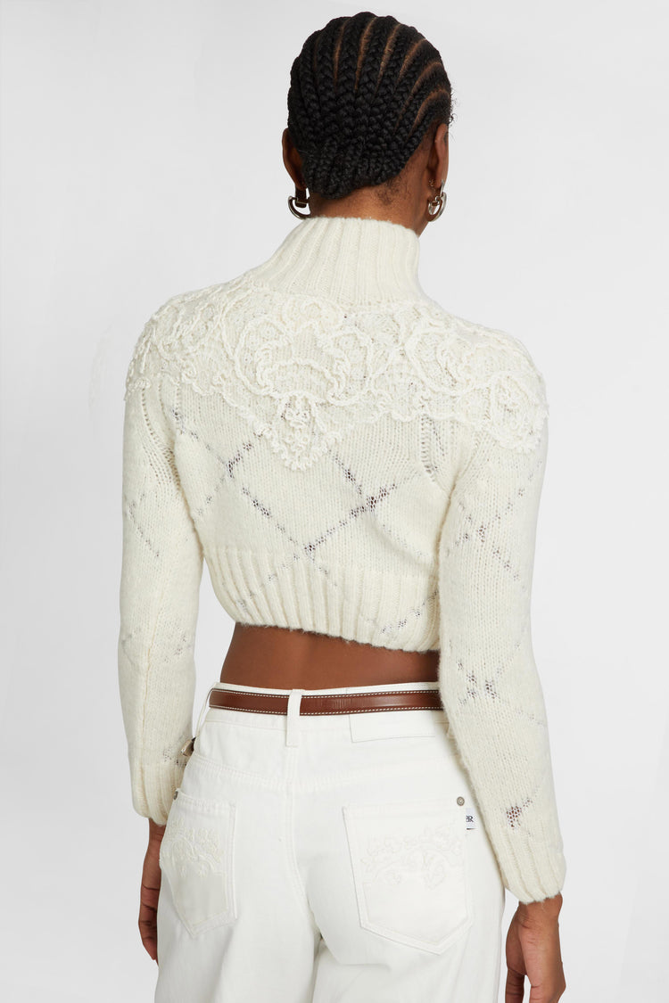 Cropped sweater in alpaca and merino wool blend with diamond pattern and rebrode lace application