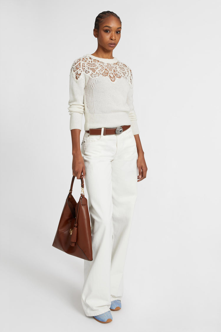 Pure cashmere sweater with rebrode lace