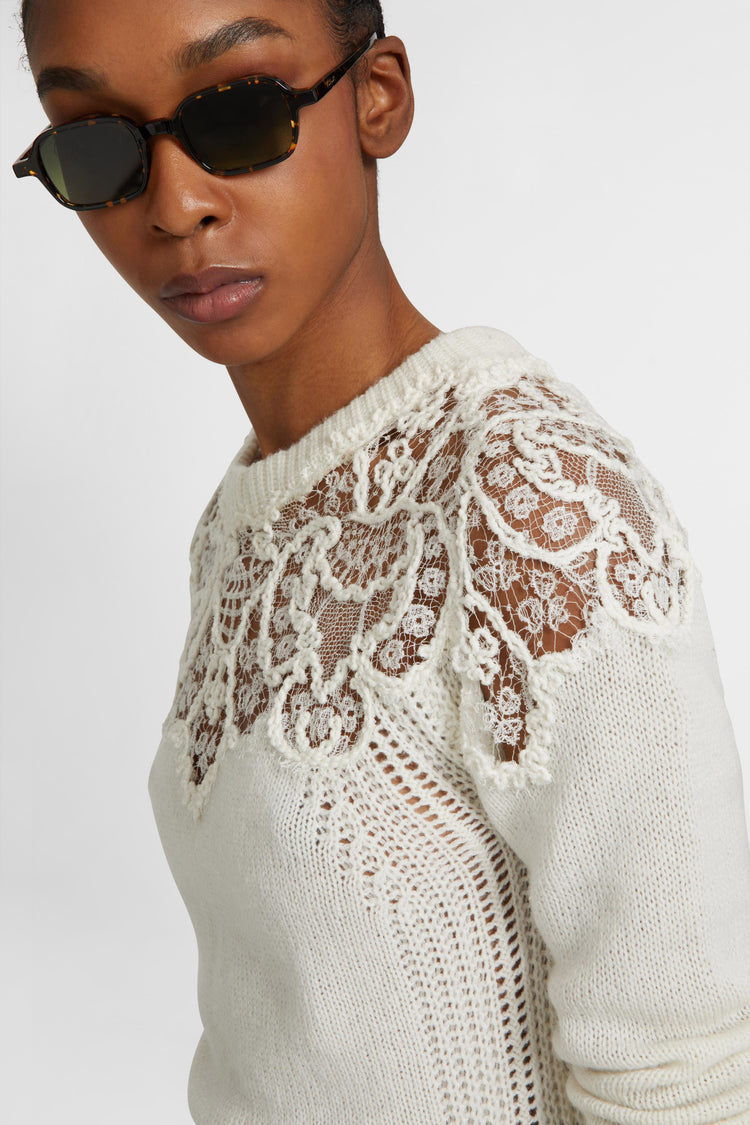 Pure cashmere sweater with rebrode lace