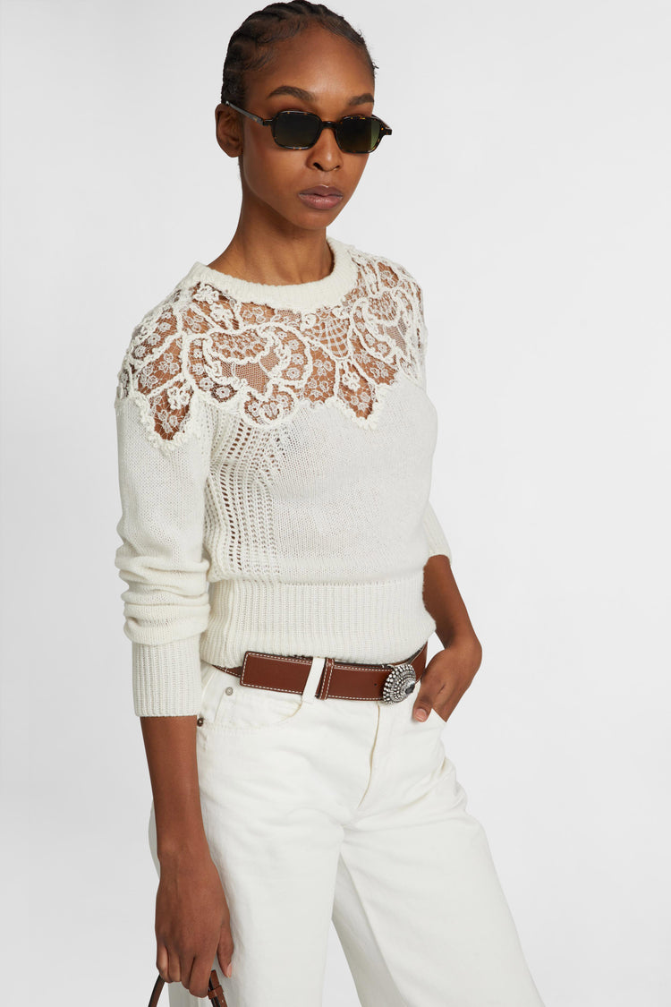 Pure cashmere sweater with rebrode lace