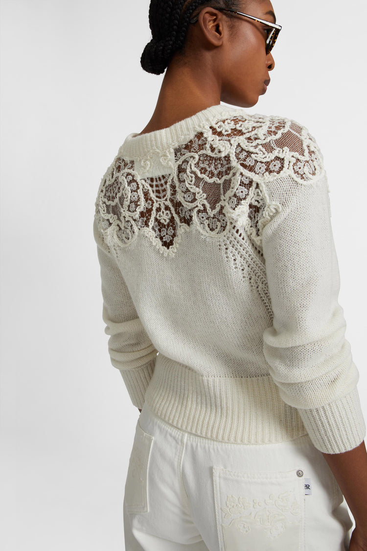 Pure cashmere sweater with rebrode lace