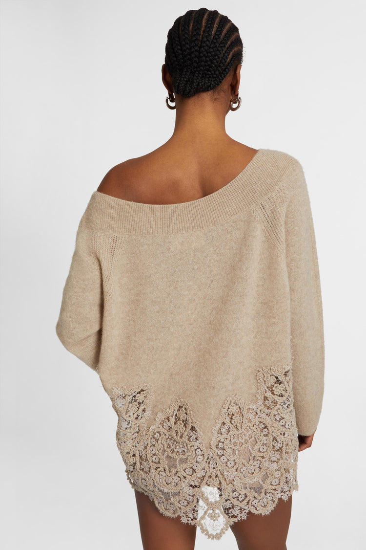 Pure cashmere sweater with wide neckline and rebrode lace