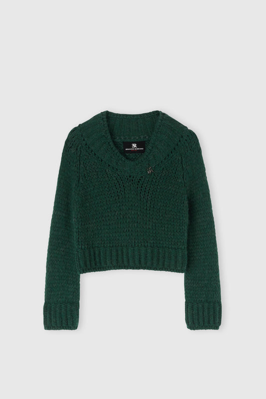Cropped sweater in an alpaca, mohair and merino blend with a V-neck and baguette crystals