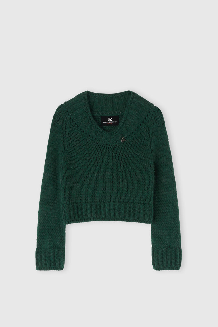 Cropped sweater in an alpaca, mohair and merino blend with a V-neck and baguette crystals