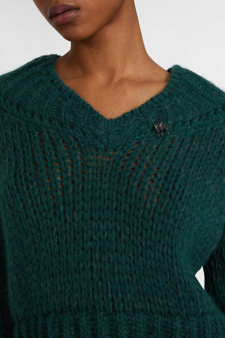 Cropped sweater in an alpaca, mohair and merino blend with a V-neck and baguette crystals