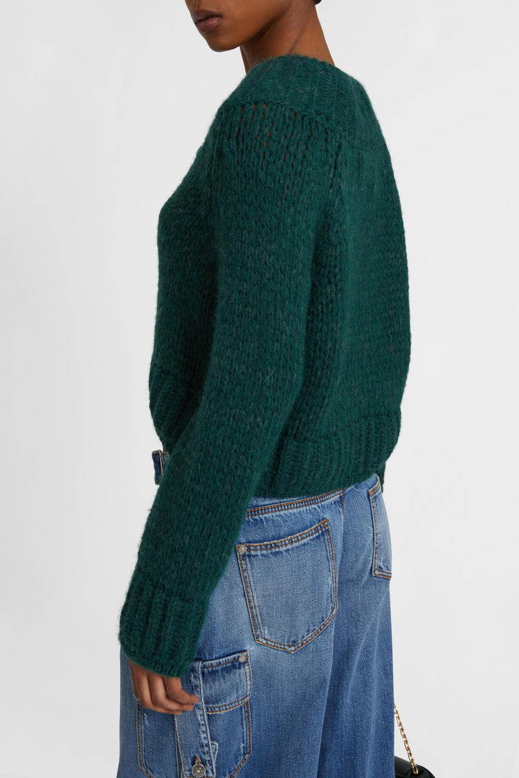 Cropped sweater in an alpaca, mohair and merino blend with a V-neck and baguette crystals