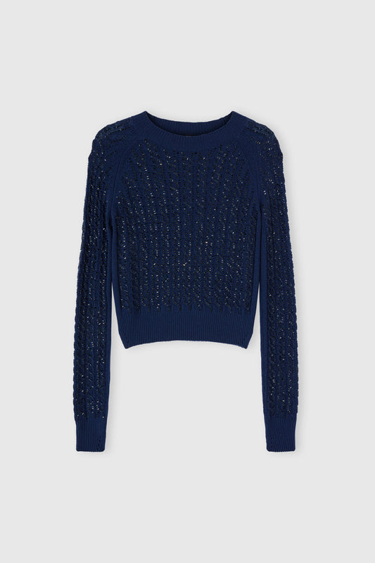 Long-sleeve sweater in virgin wool and cashmere blend with cables and crystals