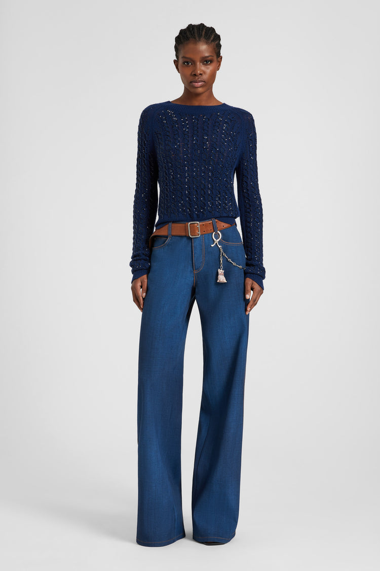 Long-sleeve sweater in virgin wool and cashmere blend with cables and crystals