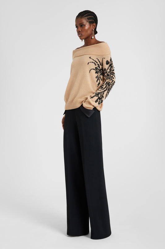 Maglione in puro cashmere con iris ricamato a mano e cristalli