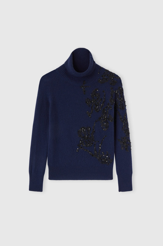 Pure cashmere sweater with high neck and hand-embroidered iris