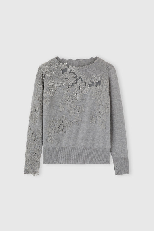 Cashmere sweater with piccolo punto lace and crystals