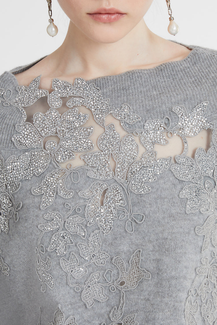 Cashmere sweater with piccolo punto lace and crystals