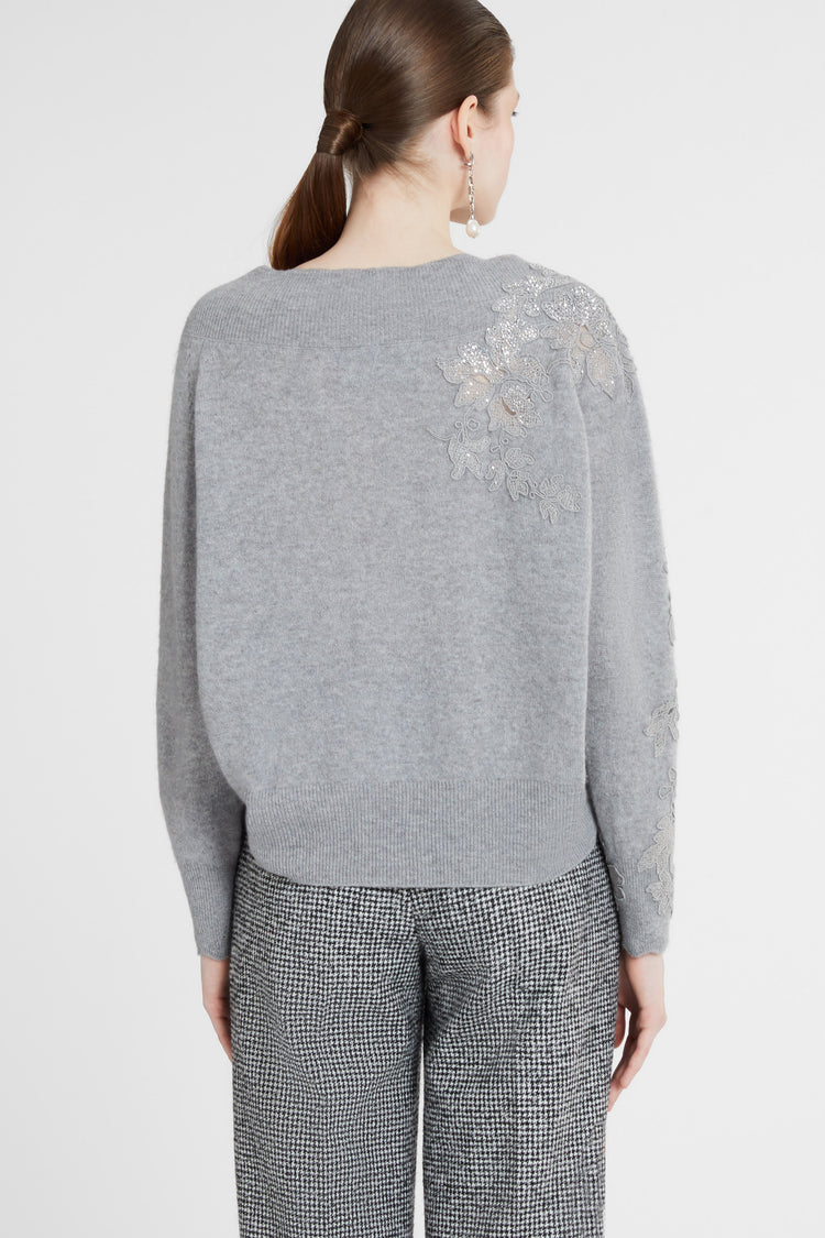 Cashmere sweater with piccolo punto lace and crystals