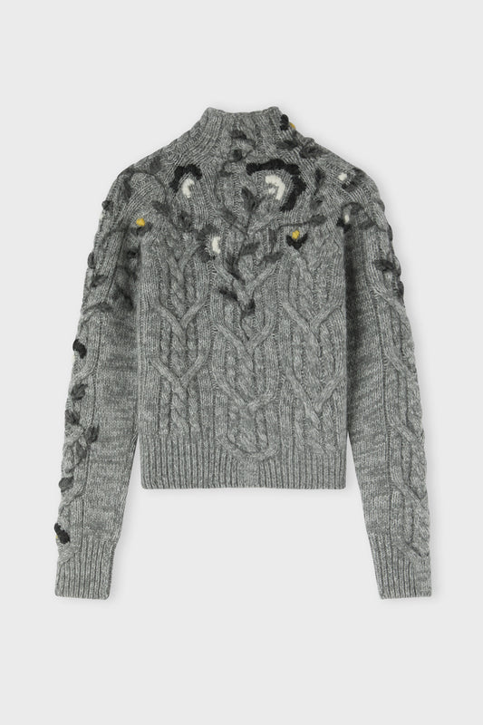 Pure cashmere sweater with hand embroidery and cable-knit pattern
