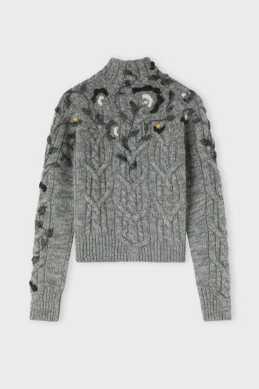 Pure cashmere sweater with hand embroidery and cable-knit pattern