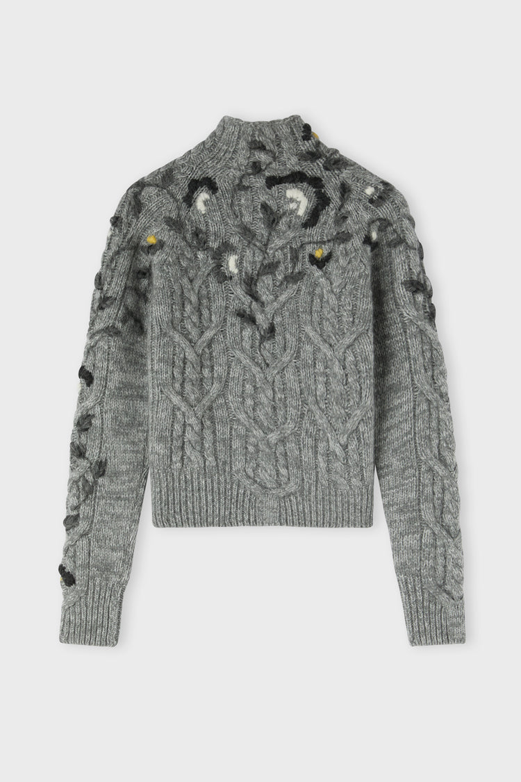 Pure cashmere sweater with hand embroidery and cable-knit pattern
