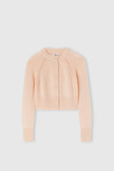 Cropped cardigan in pure cashmere with covered buttons and jour stitching