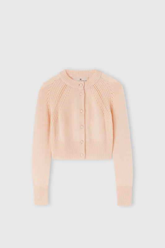 Cardigan cropped in puro cashmere con bottoni rivestiti e lavorazione a jour