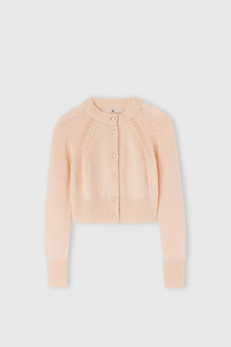 Cropped cardigan in pure cashmere with covered buttons and jour stitching