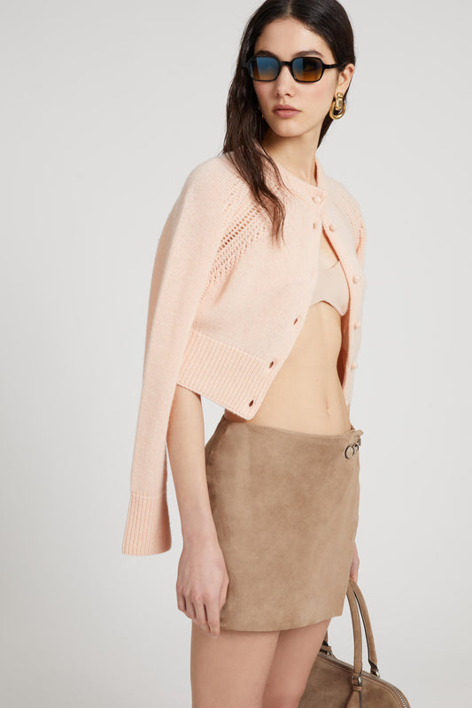 Cardigan cropped in puro cashmere con bottoni rivestiti e lavorazione a jour