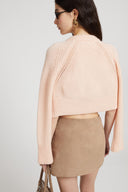 Cropped cardigan in pure cashmere with covered buttons and jour stitching