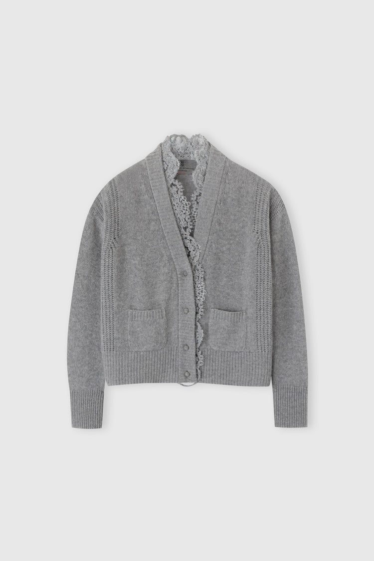 Pure cashmere cardigan with rebrode lace and V-neck