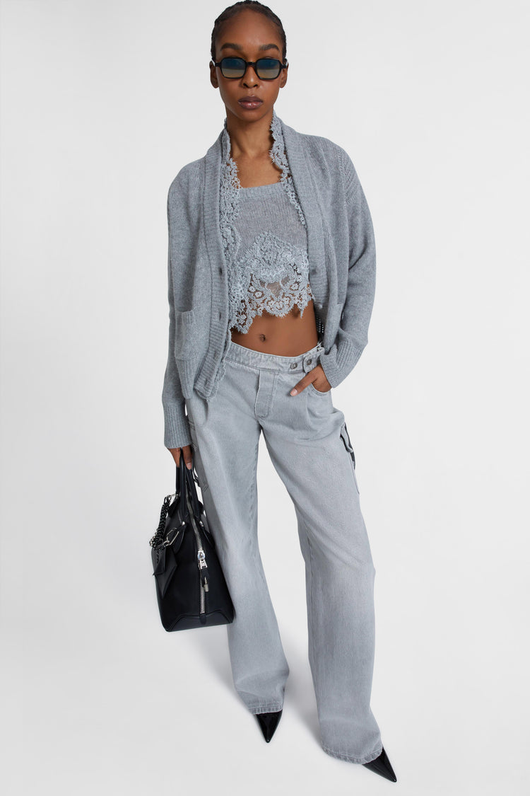 Pure cashmere cardigan with rebrode lace and V-neck