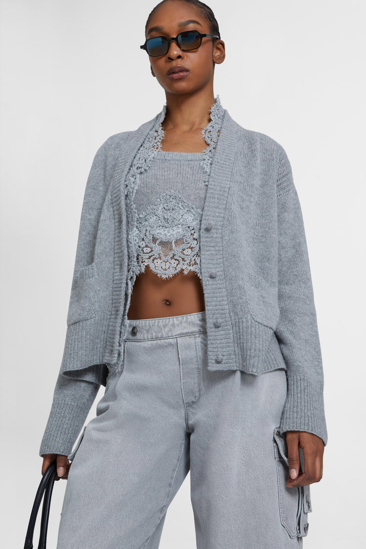 Pure cashmere cardigan with rebrode lace and V-neck