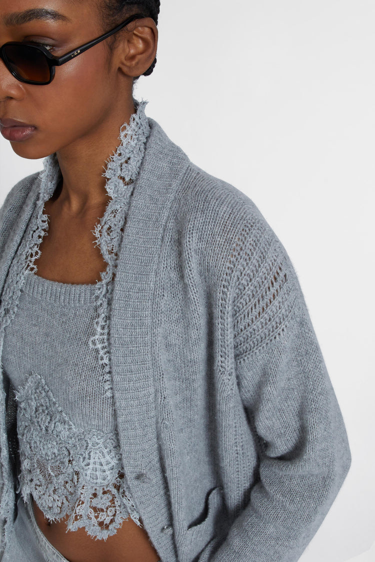 Pure cashmere cardigan with rebrode lace and V-neck