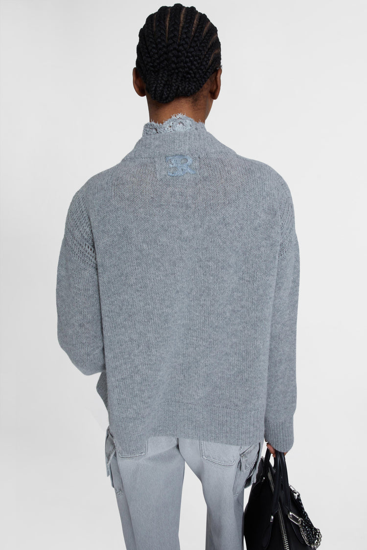 Pure cashmere cardigan with rebrode lace and V-neck