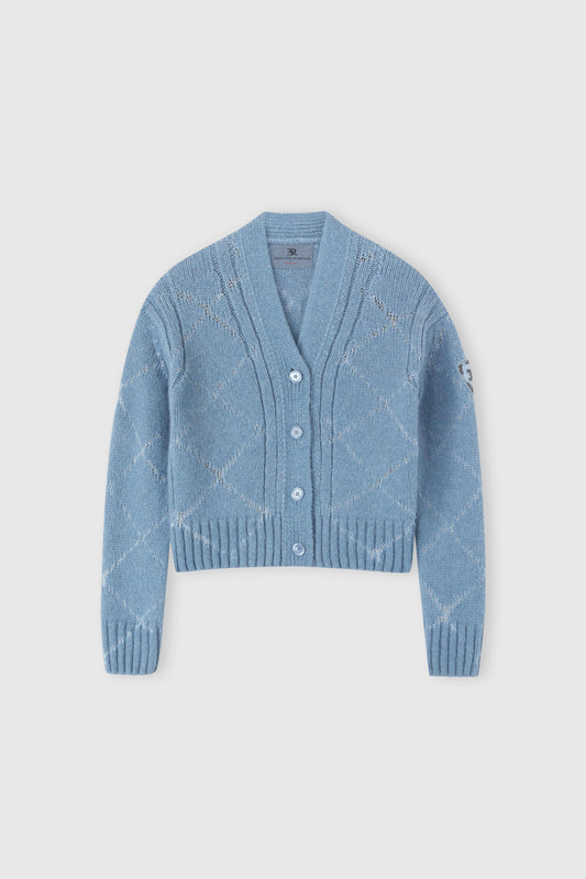 Alpaca and merino blend cardigan with diamond pattern and microcrystal logo
