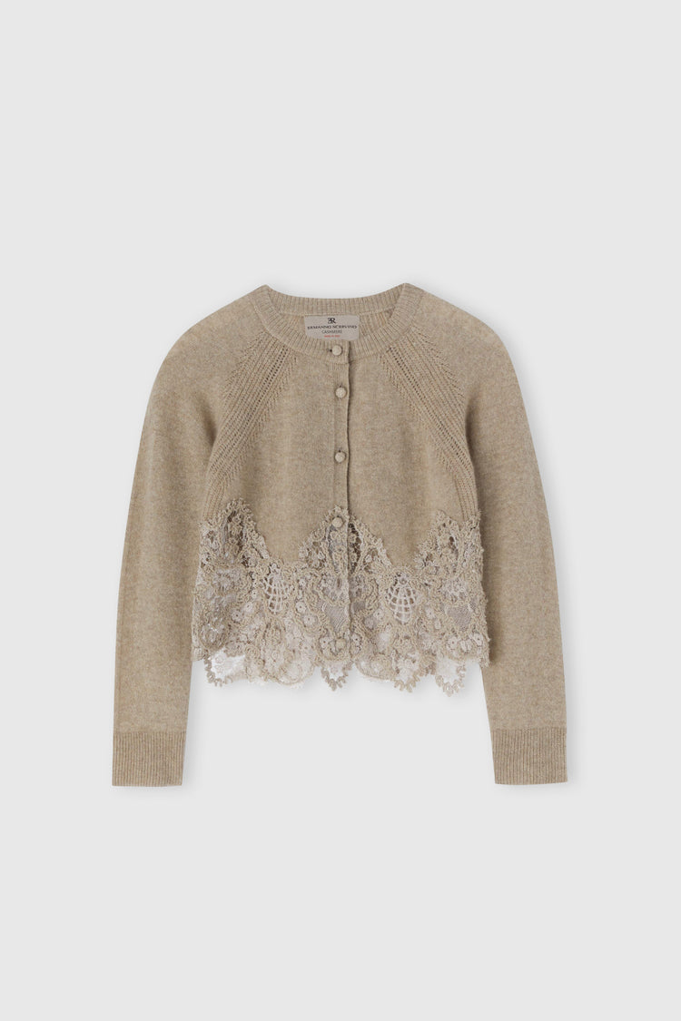 Cropped cardigan in pure cashmere with mandarin collar and rebrode lace