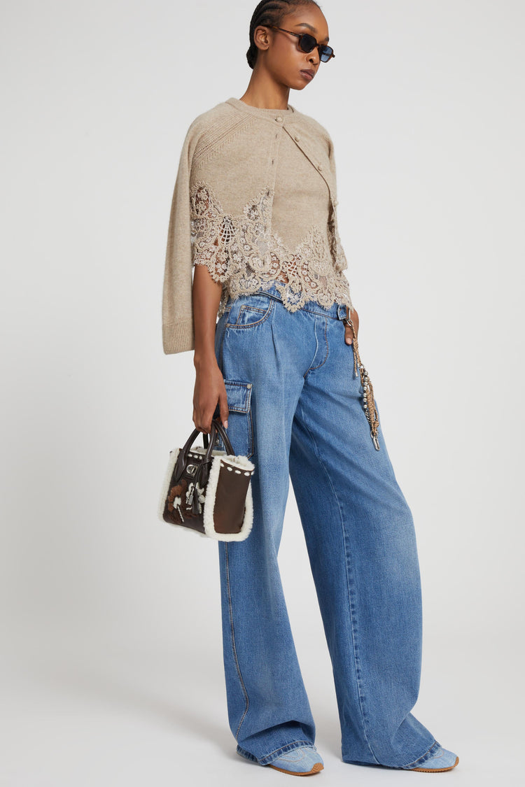 Cropped cardigan in pure cashmere with mandarin collar and rebrode lace