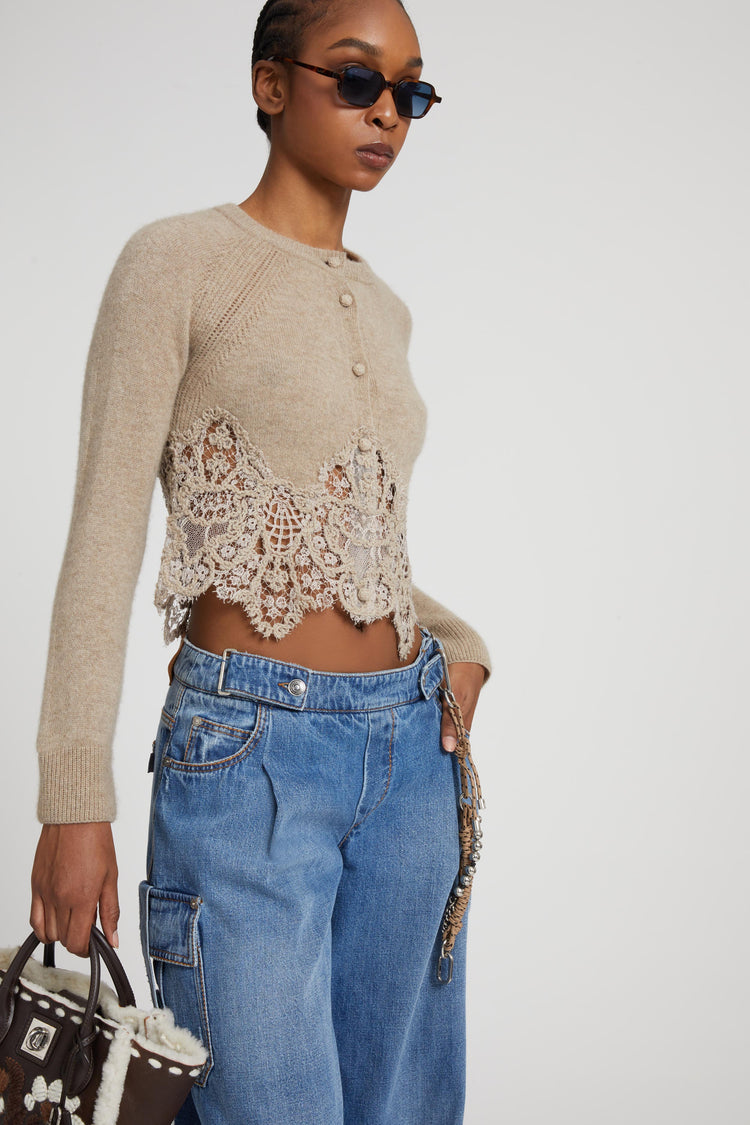 Cropped cardigan in pure cashmere with mandarin collar and rebrode lace