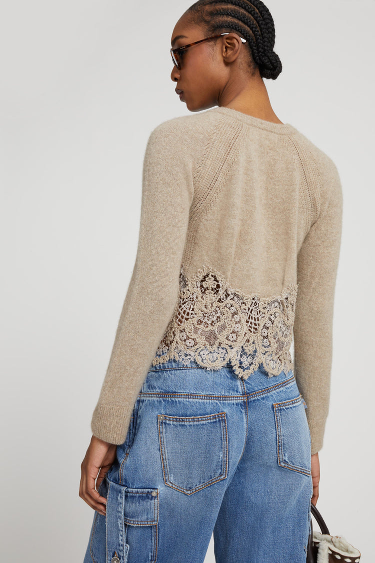 Cropped cardigan in pure cashmere with mandarin collar and rebrode lace
