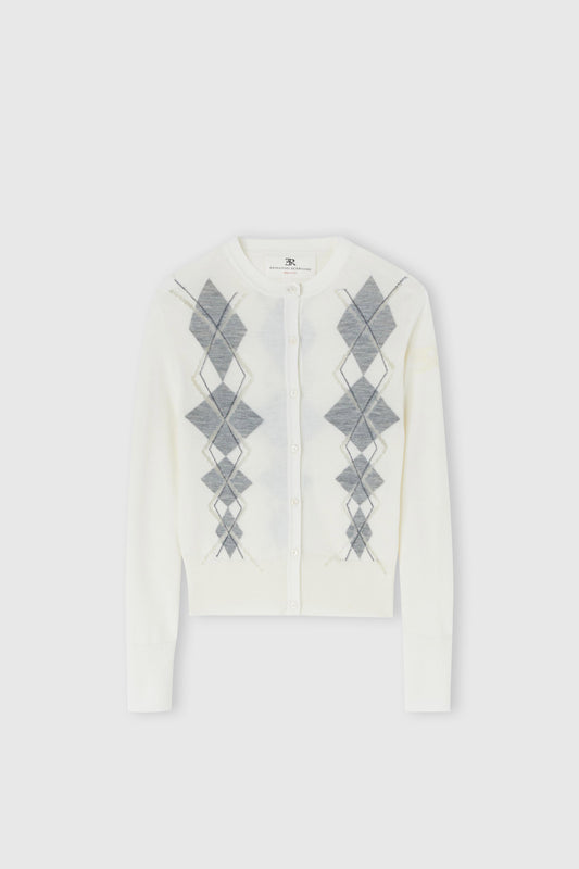 Virgin wool blend cardigan with argyle motif with a devoured effect
