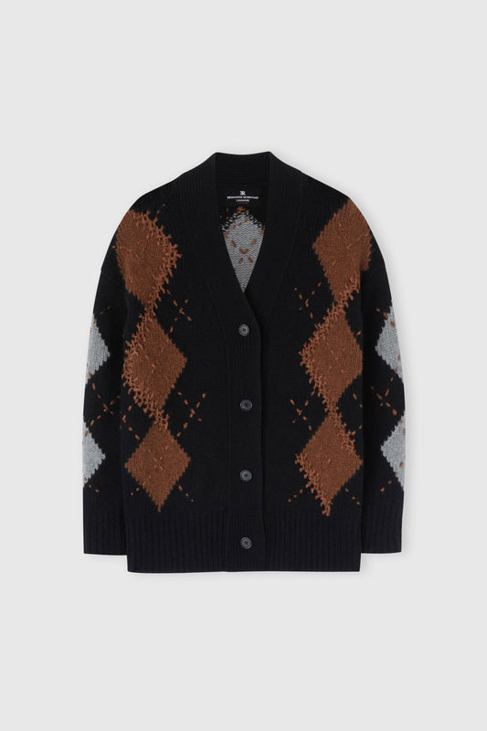 Cashmere cardigan with argyle motif in contrasting shades