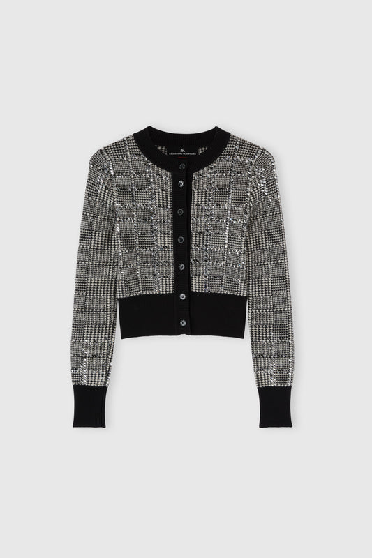 Jacquard wool cardigan with pied de poule pattern and crystals