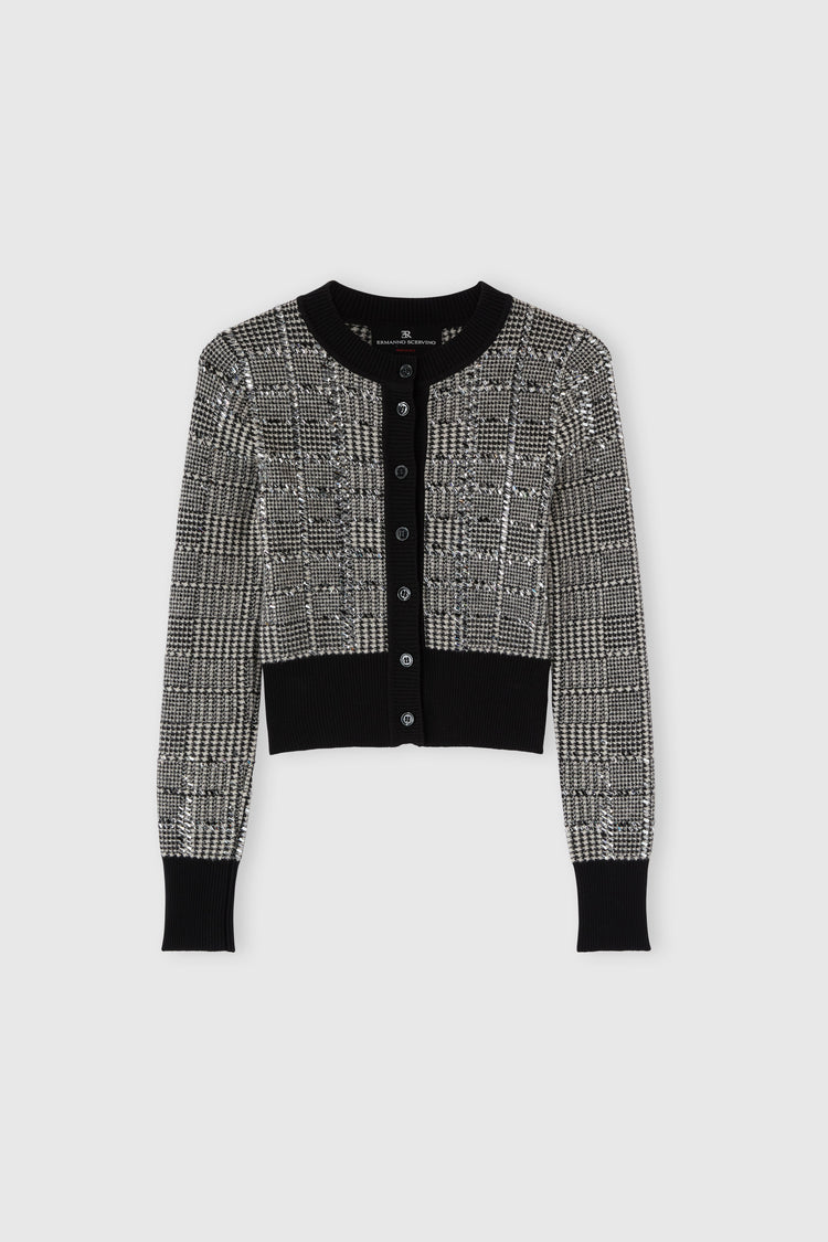 Jacquard wool cardigan with pied de poule pattern and crystals