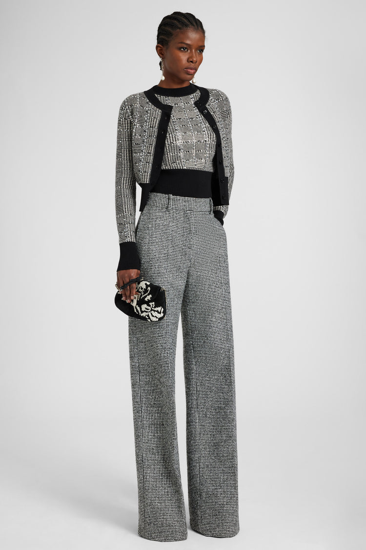 Jacquard wool cardigan with pied de poule pattern and crystals