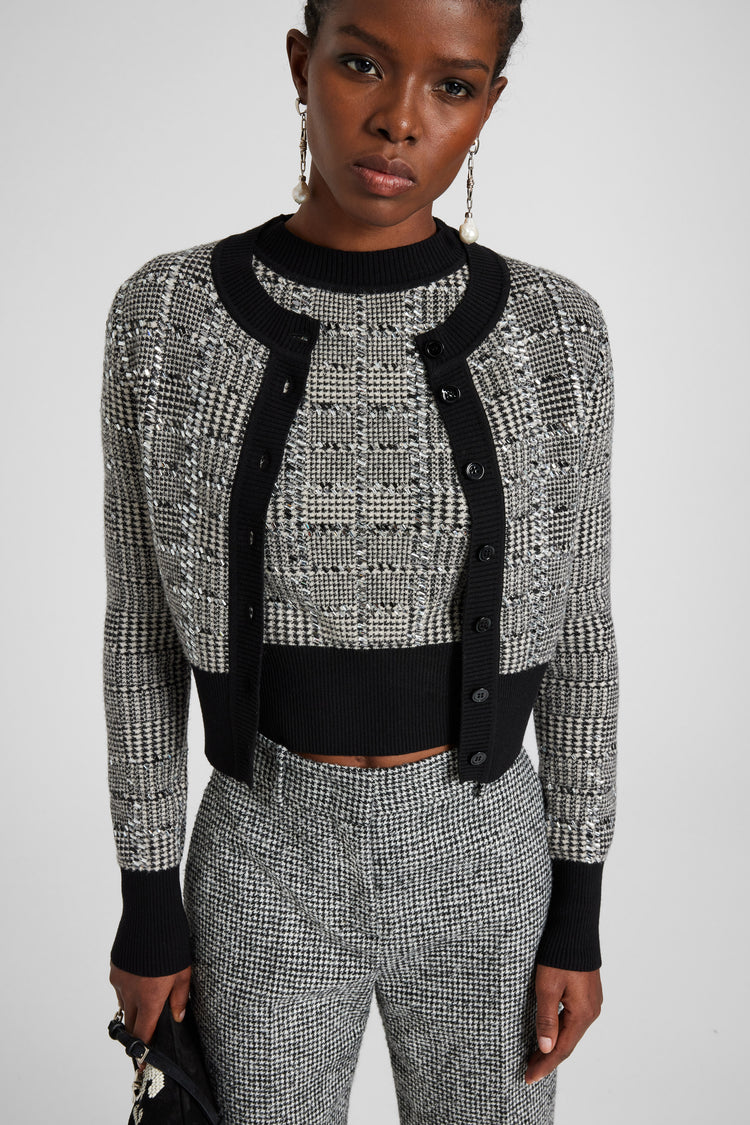 Jacquard wool cardigan with pied de poule pattern and crystals