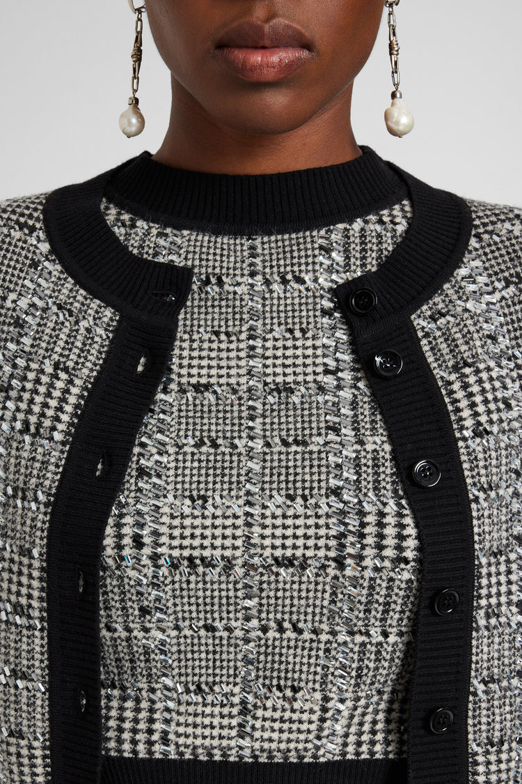 Jacquard wool cardigan with pied de poule pattern and crystals